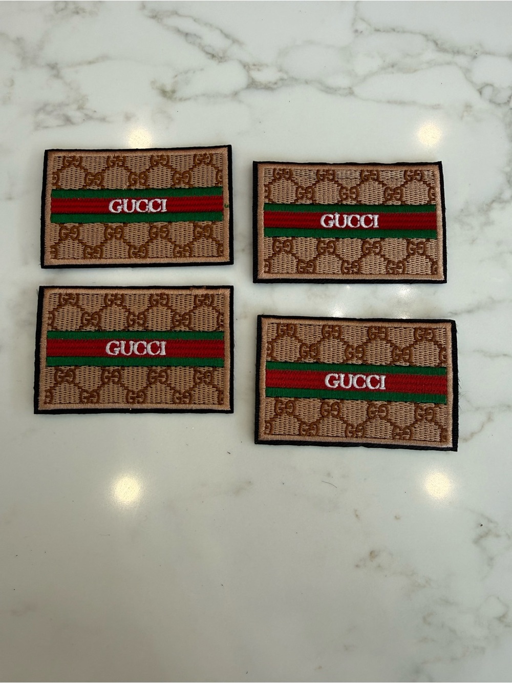Hand Crafted Brown Iron On Patches with Green & Red Stripe